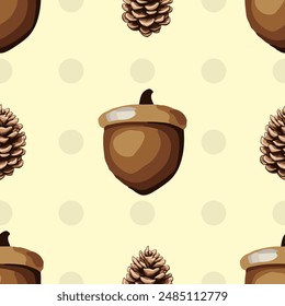 Seamless vector pattern with acorns, pine cones, and autumn leaves on yellow background, fall season design