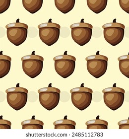 Seamless vector pattern with acorns, pine cones, and autumn leaves on yellow background, fall season design
