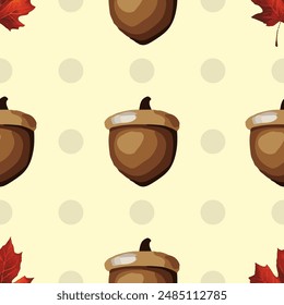 Seamless vector pattern with acorns, pine cones, and autumn leaves on yellow background, fall season design
