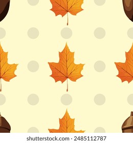 Seamless vector pattern with acorns, pine cones, and autumn leaves on yellow background, fall season design