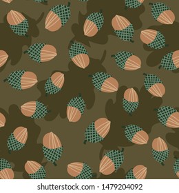 A seamless vector pattern with acorns scattereed on a brown background. Surface print design.