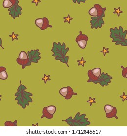 Seamless vector pattern with acorns and stars on green background. Simple autumn wallpaper design. Beauty in nature.