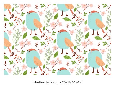 Seamless vector pattern with adorable blue bird and spring elements in flat style. Cute vector texture for bedding, fabric, wallpaper, wrapping paper, textile, t-shirt printing