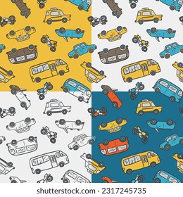 Seamless vector pattern with adorable car doodles. Various background colors. Childish illustration for pajamas, t-shirts, wallpapers, postcards, or bedding.