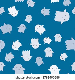 Seamless vector pattern of adorable cartoon ghosts on colorful background. Simple Halloween cute and scary ghostly monsters. Repeating design for print on textile, wrapping paper, gifts or web project