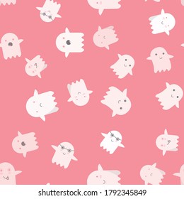 Seamless vector pattern of adorable cartoon ghosts on colorful background. Simple Halloween cute and scary ghostly monsters. Repeating design for print on textile, wrapping paper, gifts, fabric.