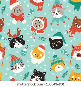 Seamless vector pattern with adorable cats wearing Christmas outfits. Colorful illustration for winter holidays in trendy cartoon style. Swatch included.