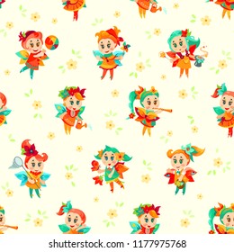 Seamless Vector Pattern Adorable Cute Fairies or Pixies and Flower. Decorative Texture for fabric textile and wrapping paper