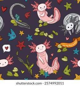 Seamless vector pattern of adorable pink axolotls and sea stars on a dark background, vector illustration