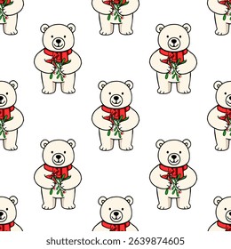 Seamless vector pattern of adorable polar bears in red scarves holding mistletoe sprigs, perfect for festive Christmas or winter designs.