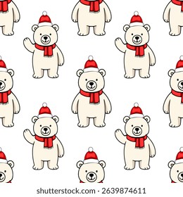 Seamless vector pattern of adorable polar bears wearing Santa hats and red scarves, perfect for festive winter designs.