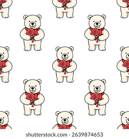 Seamless vector pattern of adorable polar bears holding red lollipops tied with ribbons, creating a charming and festive design perfect for winter holidays or sweet-themed projects.