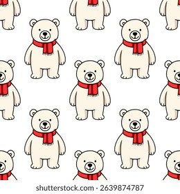 Seamless vector pattern of adorable polar bears wearing red scarves, perfect for winter holidays or childrens design projects.