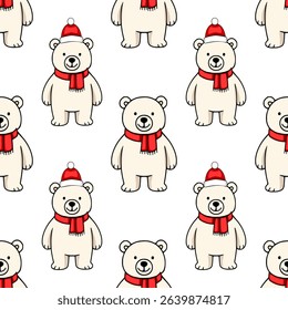Seamless vector pattern of adorable polar bears wearing Santa hats and red scarves, perfect for festive Christmas designs and winter-themed projects.
