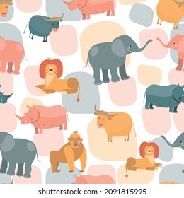 Seamless vector pattern with african animals. Colorful children print with lion, elephant, rhino. Vector flat illustration.