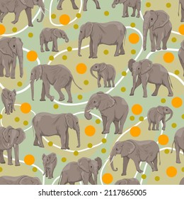 Seamless vector pattern with African bush elephant Loxodonta africana. Females, males and cubs of the African savanna elephant in different poses. wild animals of africa