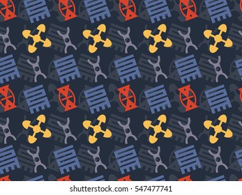 Seamless vector pattern with African symbols - akoma ntoso, mmere dane, nkyinkyim, yen yiedee. Yellow, red, blue and purple elements on the dark background.