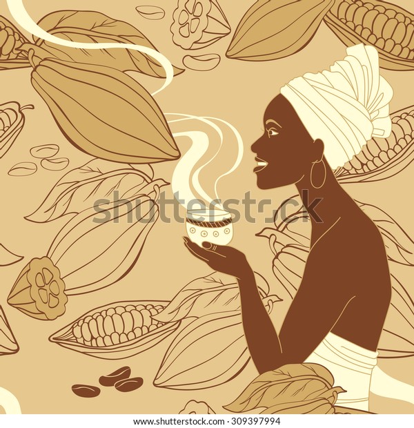 Restaurant wallpaper for walls with African woman holding cup of hot cocoa. 