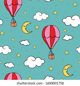 Seamless vector pattern with air balloons on light blue background. Repeat wallpaper design with hot balloons in sky.