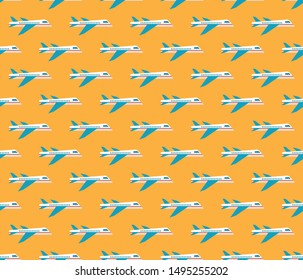 Seamless vector pattern aircraft flying against an orange sky. Flat vector, modern design. Bright background for packaging, fabrics, textiles, Wallpapers.
