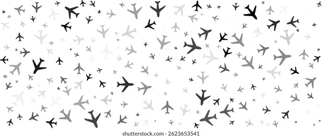 Padrão de vetor contínuo com símbolos de avião, criando um fundo monocromático criativo com elementos girados. Ilustração vetorial sobre fundo branco