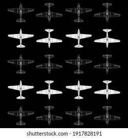 Seamless vector pattern. Airplane of white color isolated on a black background. Vector graphics.