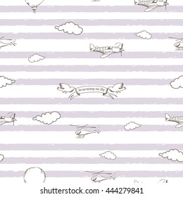 The seamless vector pattern with airplane,clouds and banner