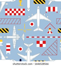 Seamless vector pattern with airplanes and aerodrome signs. Can be used for graphic design, textile design or web design.