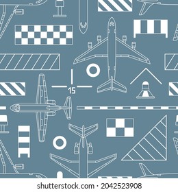 Seamless vector pattern with airplanes and aerodrome signs on gray background. Can be used for graphic design, textile design or web design.