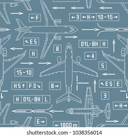 Seamless vector pattern with airplanes and signs on a gray background. Can be used for graphic design, textile design or web design.