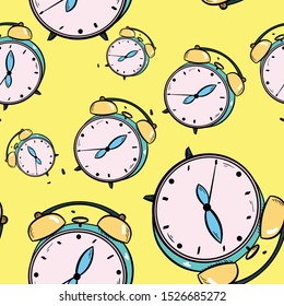 Seamless vector pattern with alarm clock on yellow background. Wallpaper, fabric and textile design. Good for printing. Cute good morning background.