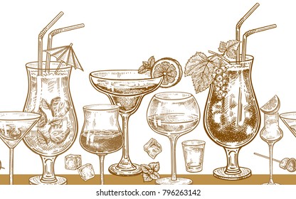 Seamless vector pattern with alcohol drinking. Cocktails, glasses with wine, vodka and tequila, ice, mint, berries and lemon. Gold and white. Vector illustration. Vintage engraving. Hand drawing.