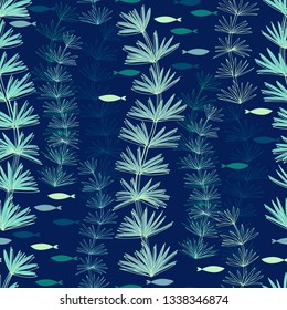  Seamless vector pattern with algae and fish. Abstract underwater background.