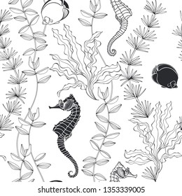 Seamless vector pattern with algae,sea horse and fish. Abstract underwater background.
