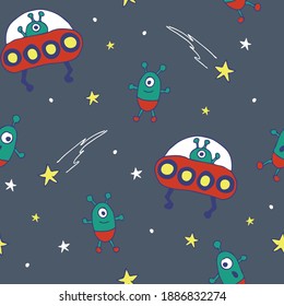 Seamless vector pattern with aliens on grey background. Simple cartoon UFO wallpaper design for children. Decorative space fashion textile.