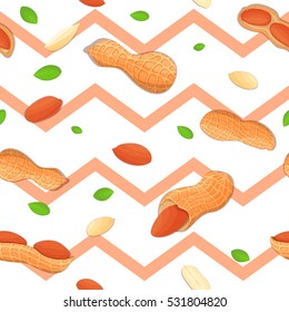 Seamless vector pattern of almond nut. Striped zig-zag background with delicious walnut, leaves. Illustration can be used for printing on fabric, textile in design packaging, packaging design