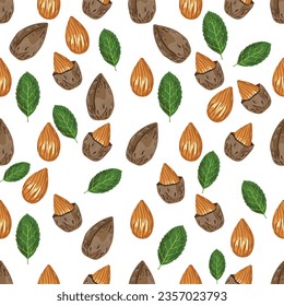Seamless vector pattern with Almonds peeled and almond leaves In cartoon style cute design Modern bright colors for paper covers. interior fabrics, backgrounds, and other users.
