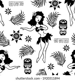 Seamless vector pattern with aloha girl on white background. Simple tropical holiday sketch wallpaper design. Happy Hawaii summer fashion textile.