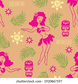 Seamless vector pattern with aloha girl on pink background. Tropical holiday wallpaper design. Decorative Hawaii fashion textile.