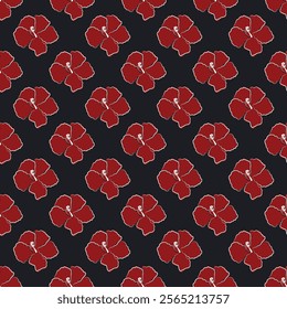 A seamless vector pattern Aloha hibiscus tropical flowers, Hawaiian tropical, Red petals, leaves outlined in white lines on an isolated dark background wallpaper