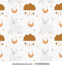 Seamless vector pattern with alpaca, stars, and moon. Trendy baby texture for fabric, wallpaper, apparel, wrapping. Cute llama