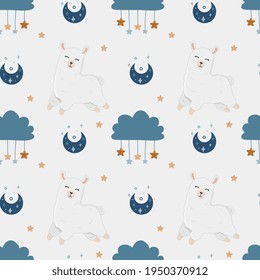 Seamless vector pattern with alpaca, stars, and moon. Trendy baby texture for fabric, wallpaper, apparel, wrapping. Cute llama