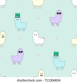 Seamless vector pattern with alpacas in different colors on green background.