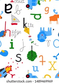 seamless vector pattern alphabet , cute animals cartoon, space and playing