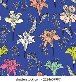 Seamless vector pattern with alstroemeria of different colors on a lilac background.