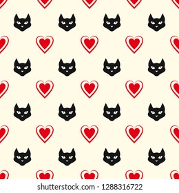Seamless vector pattern from the alternating graceful hearts and lovely cat's muzzles. Valentine's Day, Mother's Day, Women's Day. Perfect for holiday flat design. Endless texture for textile design. 