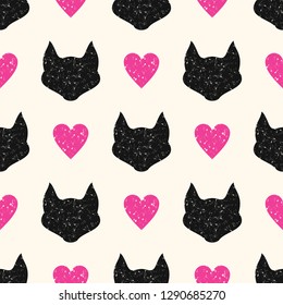 Seamless vector pattern from the alternating graceful hearts and lovely cat's muzzles. Valentine's Day, Mother Day, Women Day. Background for gift packing. Endless grunge texture for textile design.