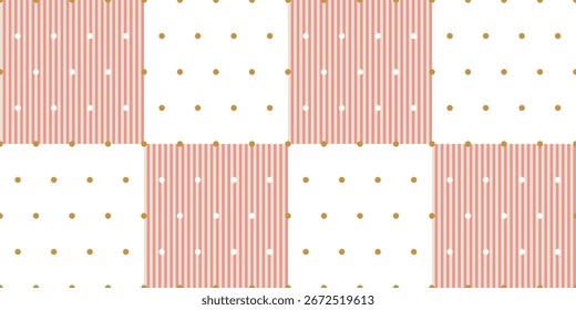 Seamless vector pattern with alternating red stripes and golden polka dots, retro geometric design with symmetry for gift wrapping, party decoration, festive themes, textile and digital backgrounds