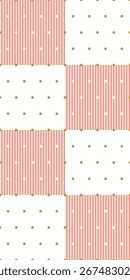 Seamless vector pattern with alternating red stripes and golden polka dots, retro geometric design with symmetry for gift wrapping, party decoration, festive themes, textile and digital backgrounds