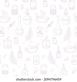 Seamless vector pattern alternative medicine and homeopathy concept. Delicate background and wallpaper for website, landing page of spa salon or alternative medicine clinic.